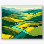 Paint by numbers design of river, rolling hills, winding blue river, lush rolling hills, A winding river cuts through lush
