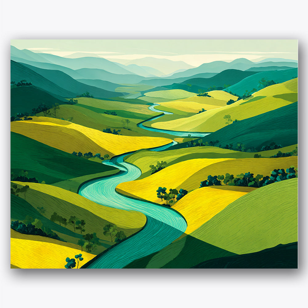 Paint by numbers design of river, rolling hills, winding blue river, lush rolling hills, A winding river cuts through lush