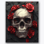Paint by numbers design of skull, roses, red roses, barbed wire