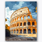 Paint by numbers design of Colosseum, blue sky, detailed arch textures, sunlit stone facade
