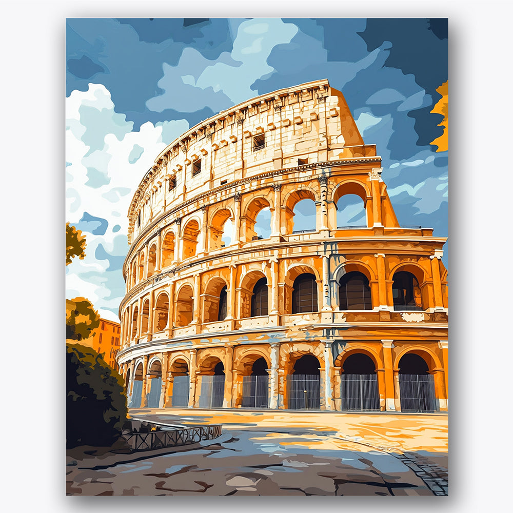 Paint by numbers design of Colosseum, blue sky, detailed arch textures, sunlit stone facade