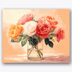 Paint by numbers design of roses, glass vase, vibrant rose variety, glass vase reflection