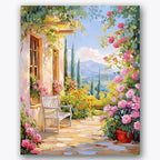 Paint by numbers design of garden, roses, cypress trees in distance, rustic wooden bench