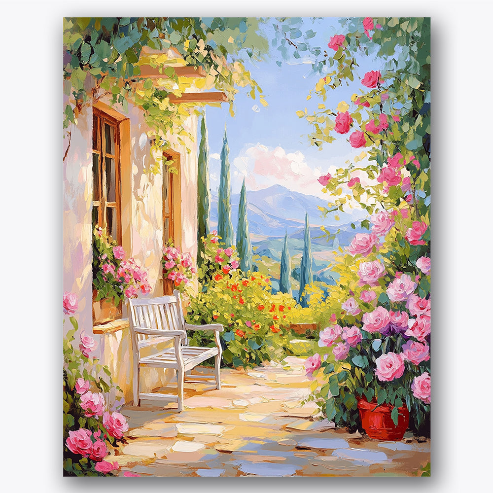 Paint by numbers design of garden, roses, cypress trees in distance, rustic wooden bench