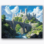 Paint by numbers design of castle, stone bridge, towering stone castle, arched stone bridge