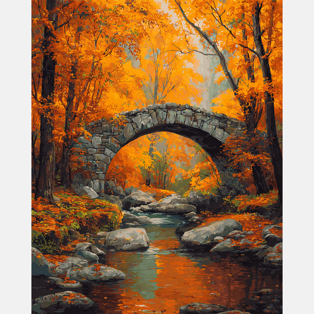 Rust Leaves Bridge Paint by Numbers Kit design preview showing the full artwork layout before painting