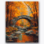 Paint by numbers design of stone bridge, autumn trees, vibrant orange leaves, stone bridge arch