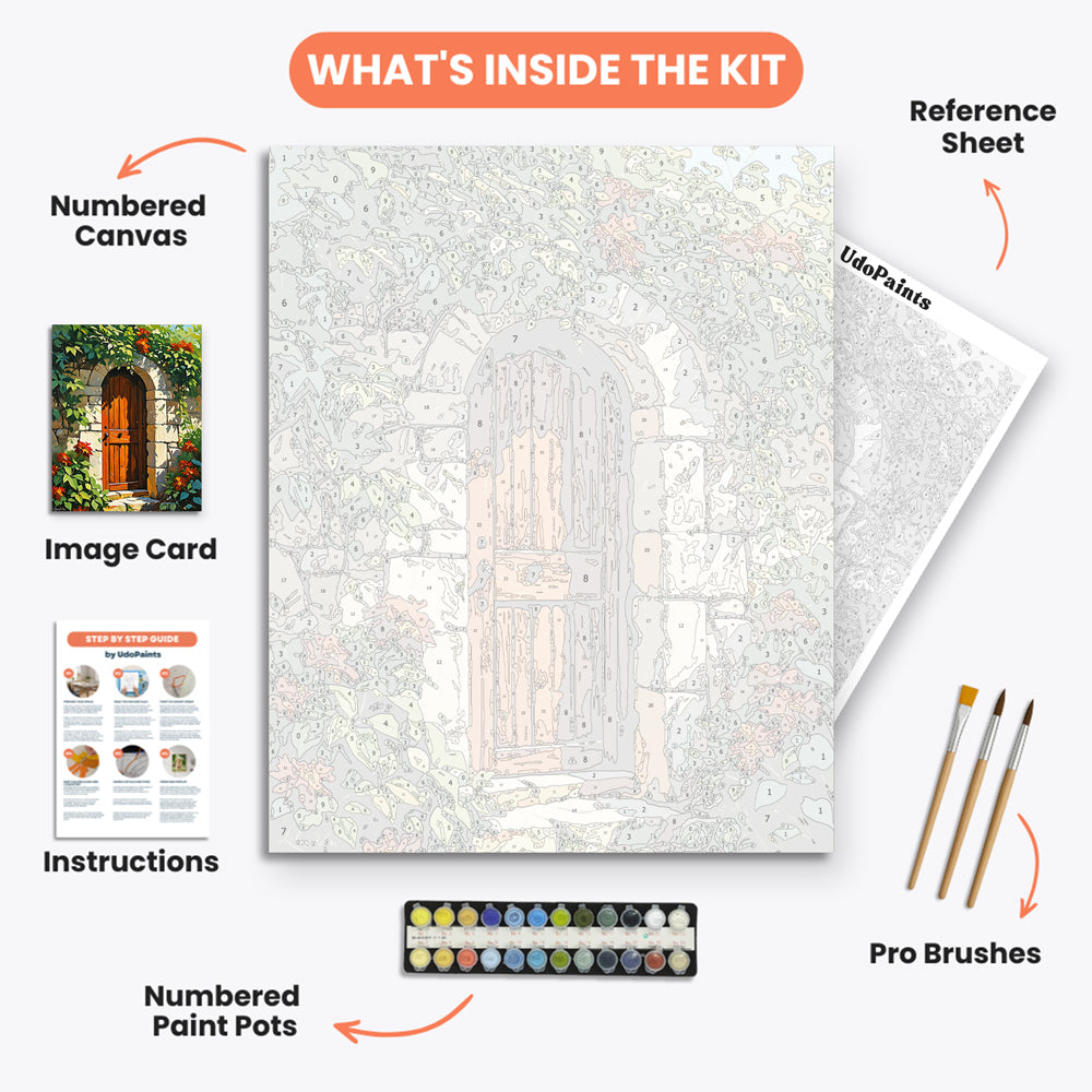 Rustic Garden Door Paint by Numbers Kit – includes numbered canvas, paint pots, brushes, and instructions