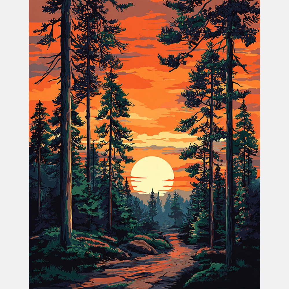 Rustic Sunset Forest Paint by Numbers Kit design preview showing the full artwork layout before painting