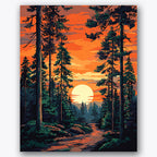 Paint by numbers design of forest, sunset, tall pine trees, glowing sunset