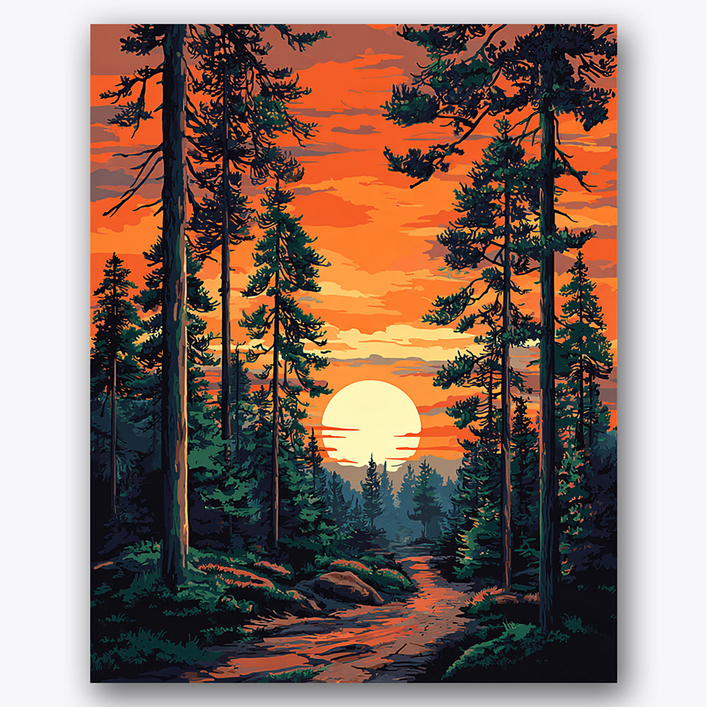 Paint by numbers design of forest, sunset, tall pine trees, glowing sunset