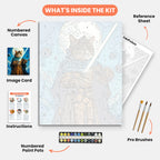 Saber Cat Fantasy Paint by Numbers Kit – includes numbered canvas, paint pots, brushes, and instructions