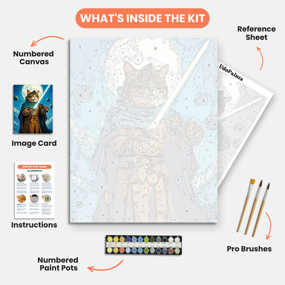 Saber Cat Fantasy Paint by Numbers Kit – includes numbered canvas, paint pots, brushes, and instructions