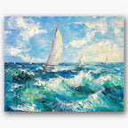 Paint by numbers design of sailboats, turbulent seas, breaking ocean waves, distant sailboats