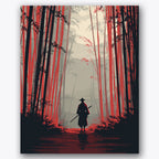 Paint by numbers design of samurai, bamboo forest, lone samurai figure, dense bamboo grove