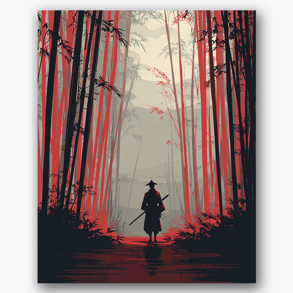 Paint by numbers design of samurai, bamboo forest, lone samurai figure, dense bamboo grove