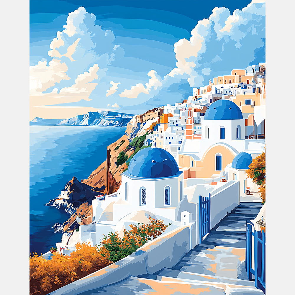 Santorini Brilliance Paint by Numbers Kit design preview showing the full artwork layout before painting