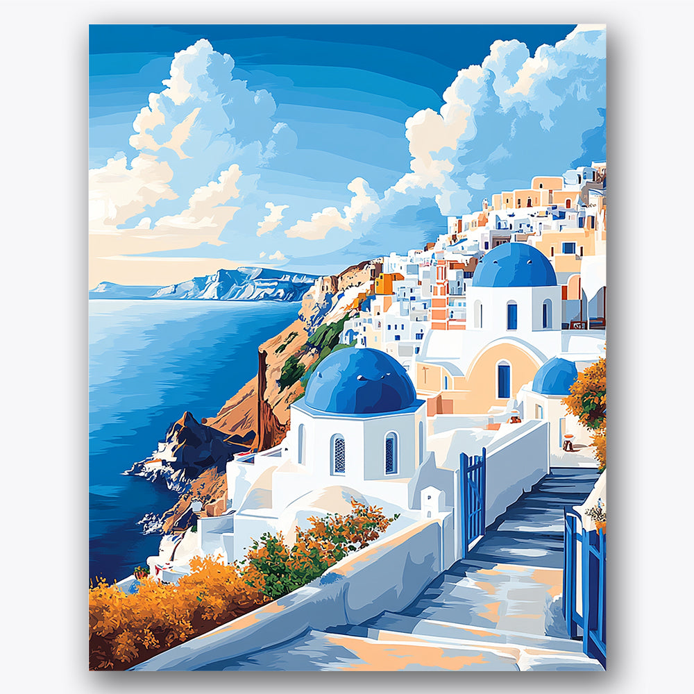 Paint by numbers design of buildings, sea view, blue domes, cliffside architecture
