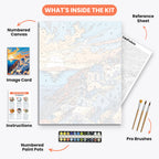 Santorini Sunset Paint by Numbers Kit – includes numbered canvas, paint pots, brushes, and instructions