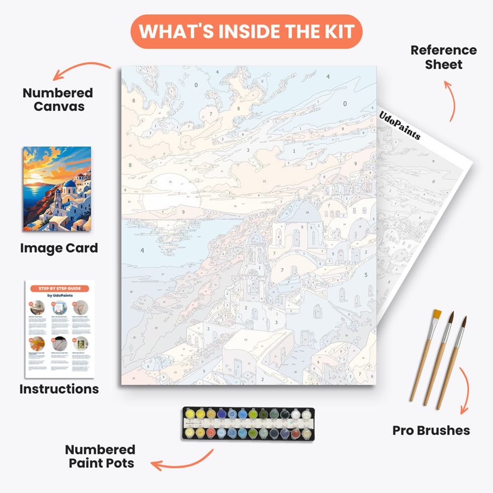 Santorini Sunset Paint by Numbers Kit – includes numbered canvas, paint pots, brushes, and instructions
