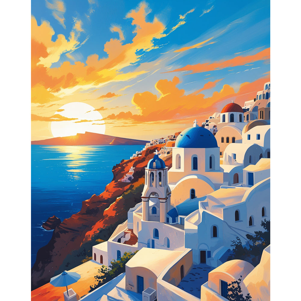 Santorini Sunset Paint by Numbers Kit design preview showing the full artwork layout before painting