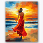 Paint by numbers design of woman, sunset, red flowing dress, vivid sunset sky