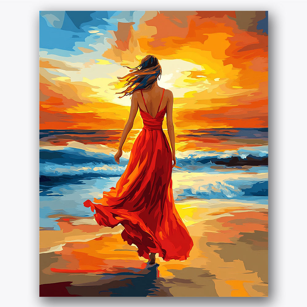 Paint by numbers design of woman, sunset, red flowing dress, vivid sunset sky
