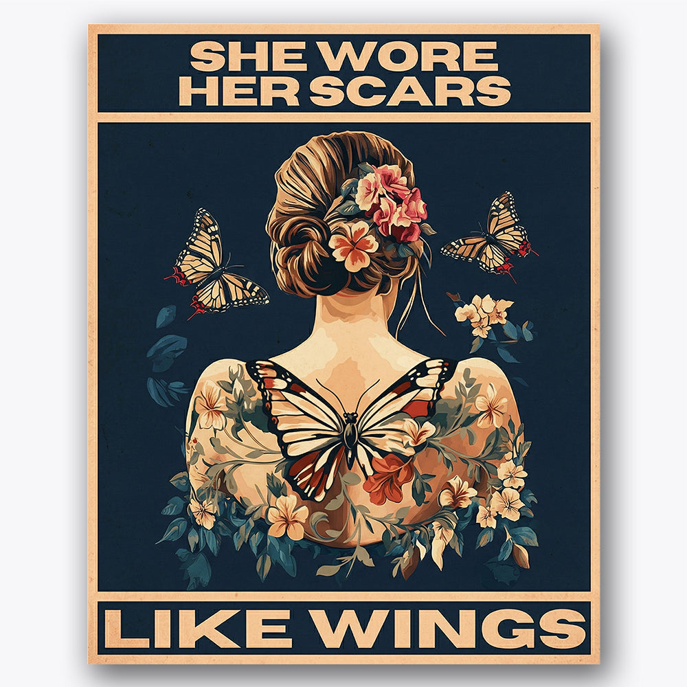 Paint by numbers design of woman, butterflies and flowers, intricate butterfly tattoo, floral bouquet adornment