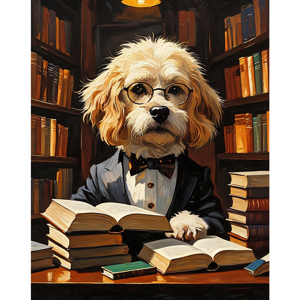 Scholar Pup Paint by Numbers Kit design preview showing the full artwork layout before painting