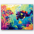Paint by numbers design of scuba diver, colorful fish, vibrant coral colors, striped fish detail