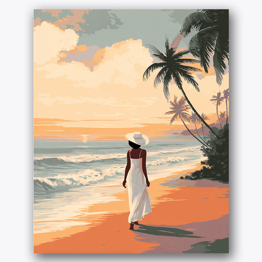 Paint by numbers design of woman, sunset beach, tropical palm trees, gentle ocean waves