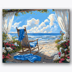 Paint by numbers design of rocking chair, ocean view, wooden rocking chair, flowing white curtains