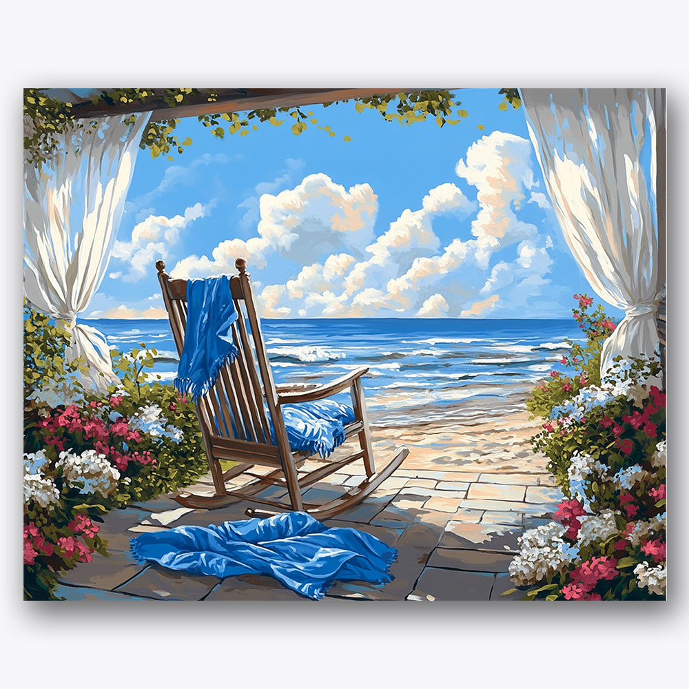 Paint by numbers design of rocking chair, ocean view, wooden rocking chair, flowing white curtains