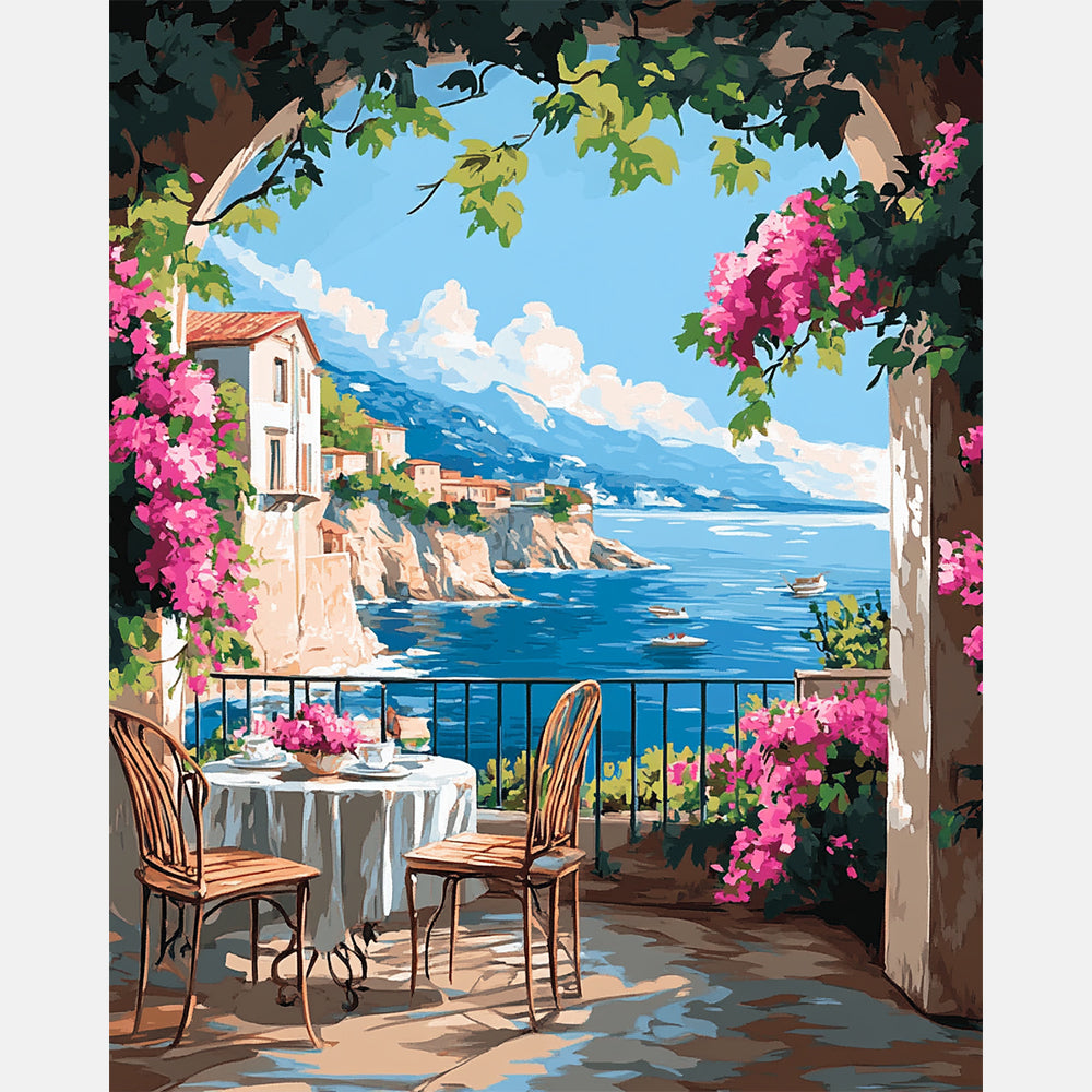 Seaside Floral Terrace Paint by Numbers Kit design preview showing the full artwork layout before painting