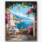 Paint by numbers design of terrace, pink flowers, vibrant pink flowers, wrought iron chairs