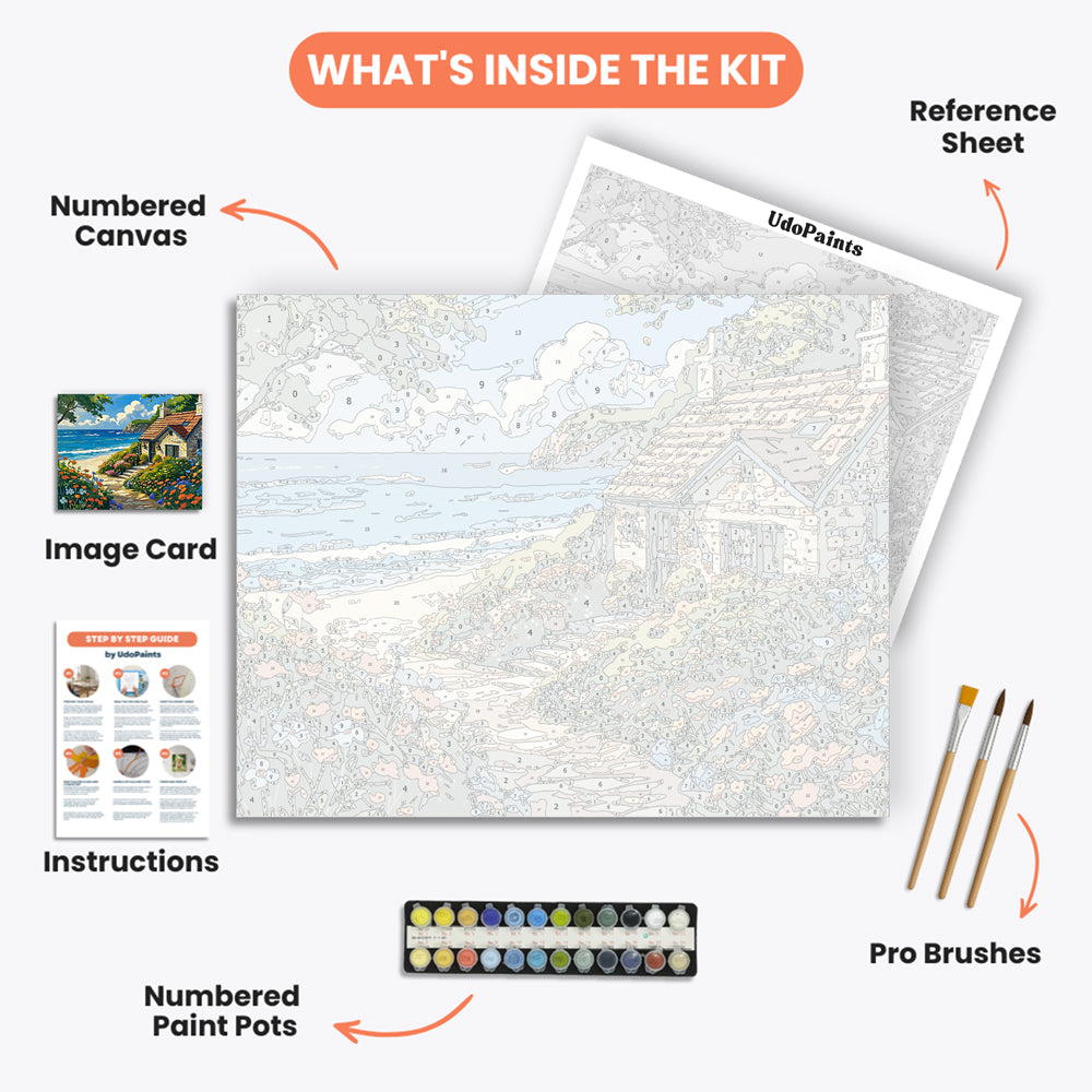Seaside Flower Retreat Paint by Numbers Kit – includes numbered canvas, paint pots, brushes, and instructions