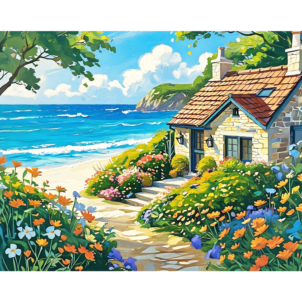 Seaside Flower Retreat  Paint by Numbers Kit design preview showing the full artwork layout before painting