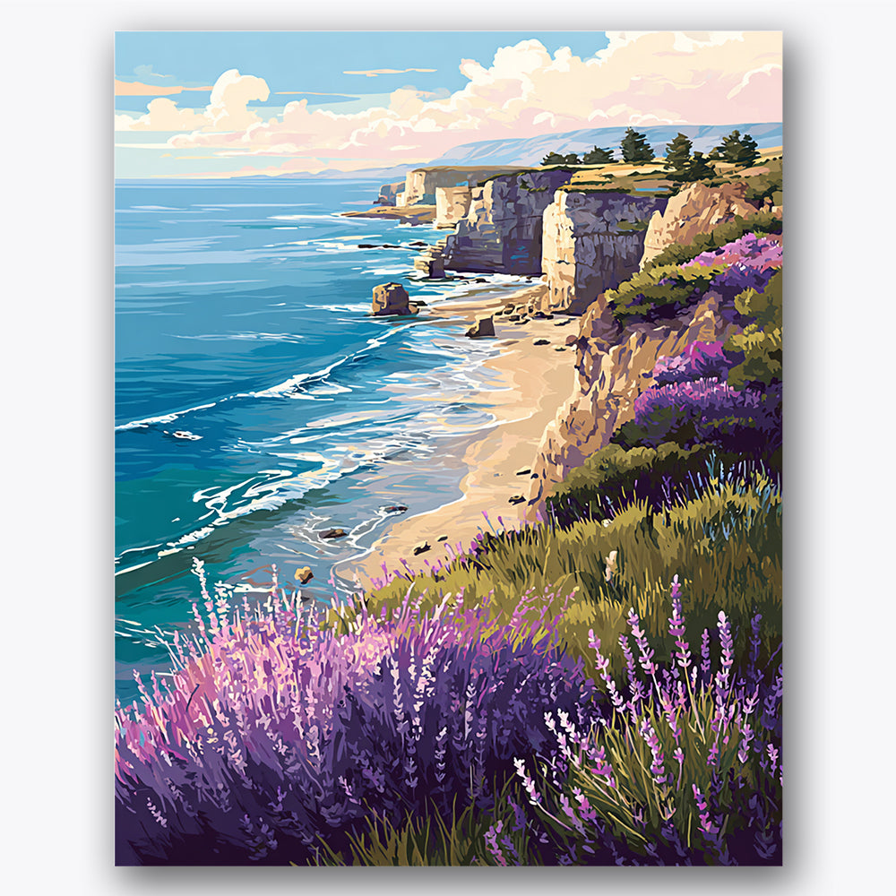 Paint by numbers design of lavender, cliffs, vibrant lavender plants, rocky ocean cliffs