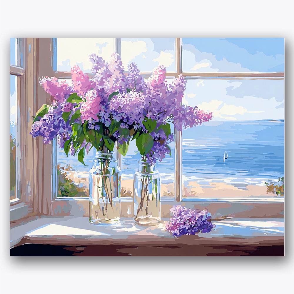 Paint by numbers design of lilac flowers, seaside view, lilac flowers in jars, seaside view