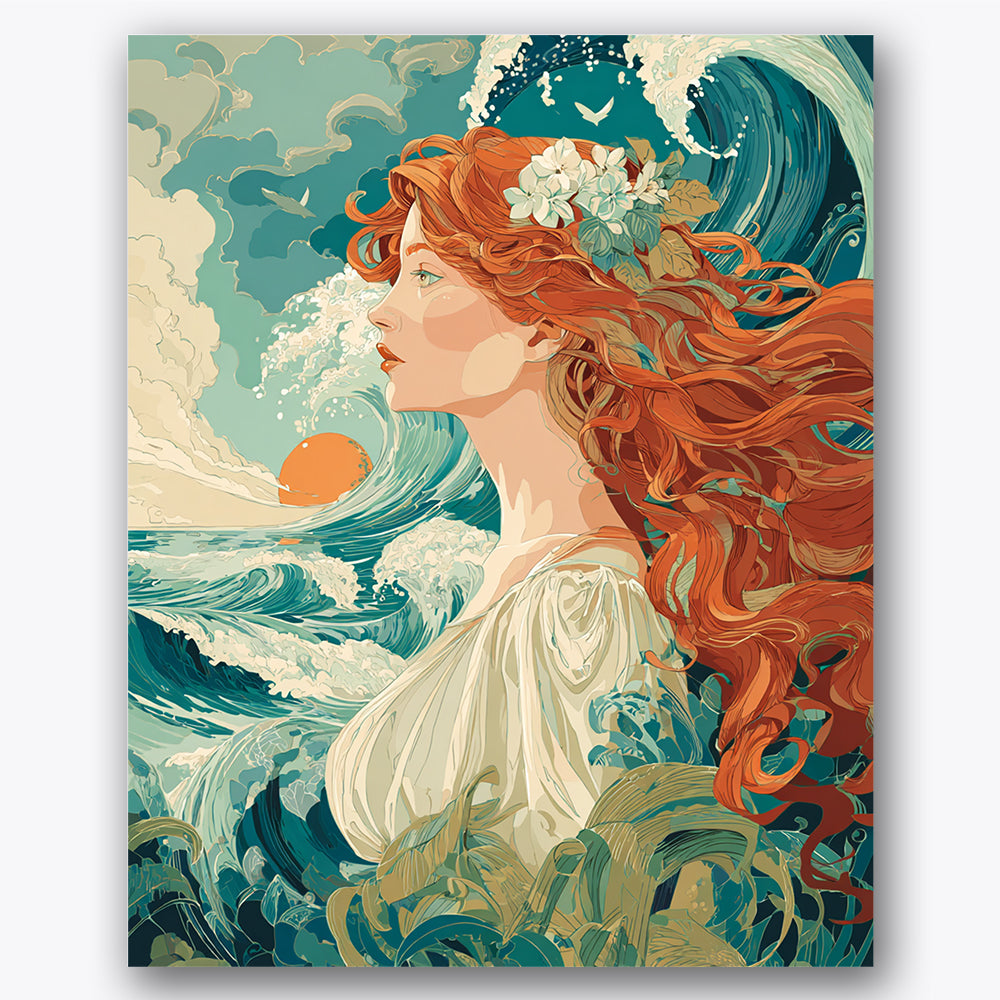 Paint by numbers design of woman, ocean waves, flowing red hair, adorned with flowers