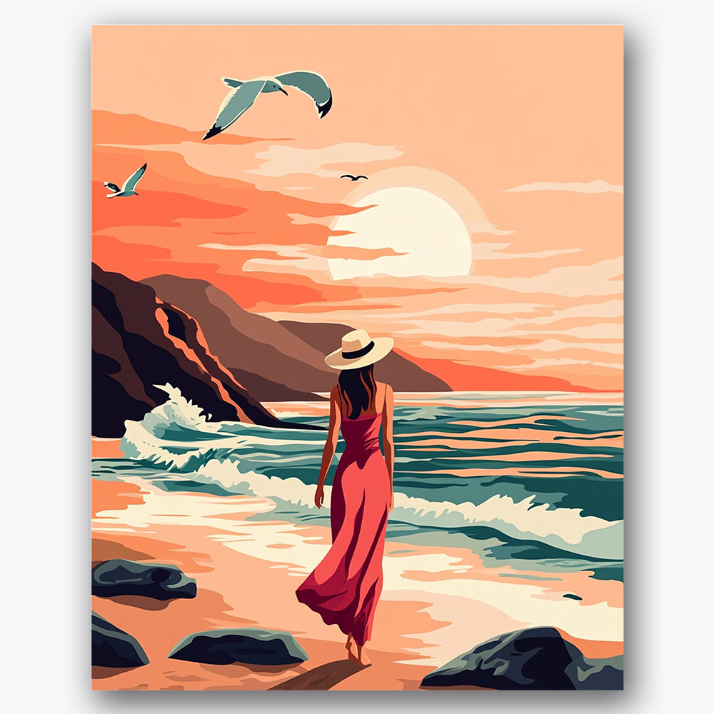 Paint by numbers design of woman, seagulls, coral dress, flying seagulls