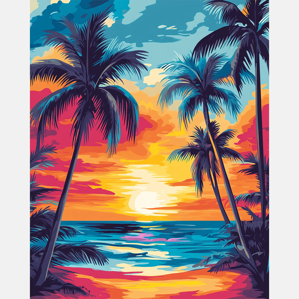Seaside Sunset Palms Paint by Numbers Kit design preview showing the full artwork layout before painting