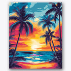 Paint by numbers design of palm trees, sunset, dramatic sunset sky, bold ocean waves