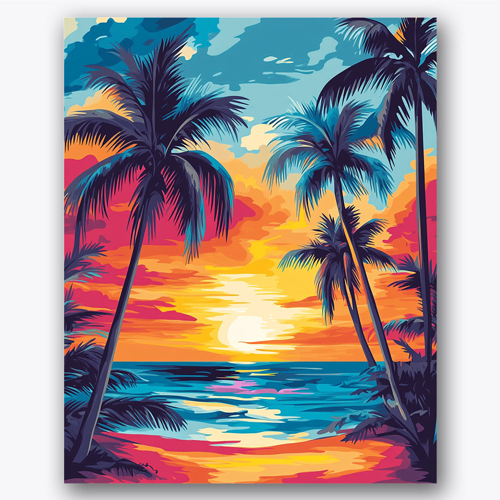 Paint by numbers design of palm trees, sunset, dramatic sunset sky, bold ocean waves