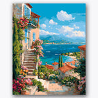 Paint by numbers design of seaside village, flowers, stone staircase, blue shutters
