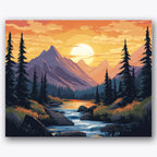Paint by numbers design of mountains, pine trees, tall pine trees, flowing river
