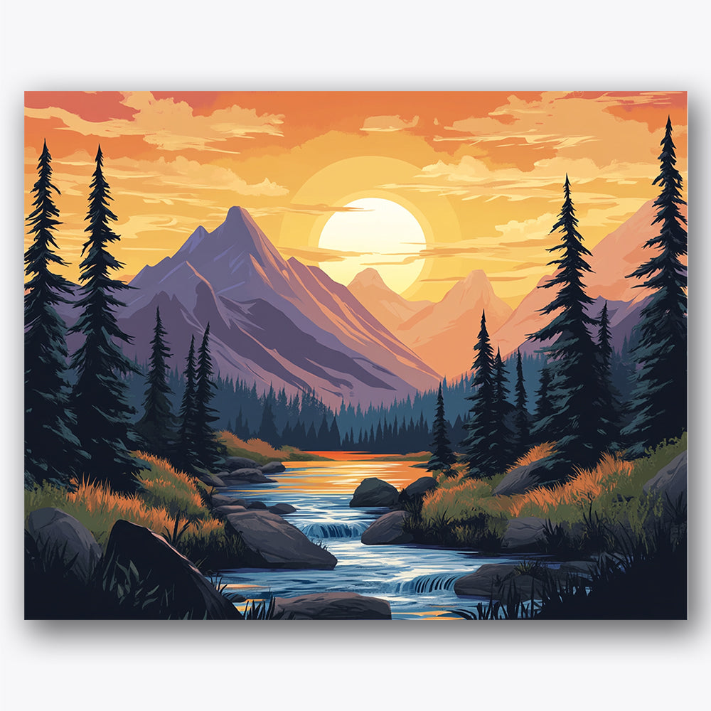 Paint by numbers design of mountains, pine trees, tall pine trees, flowing river