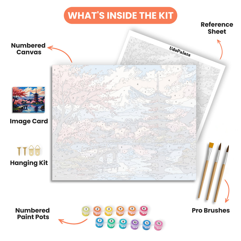 Serene Fuji Scene Paint by Numbers Kit – includes numbered canvas, paint pots, brushes, and instructions