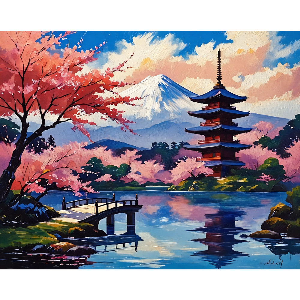 Serene Fuji Scene Paint by Numbers Kit design preview showing the full artwork layout before painting