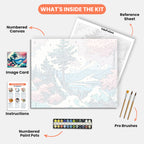 Serene Mountain Lake Paint by Numbers Kit – includes numbered canvas, paint pots, brushes, and instructions